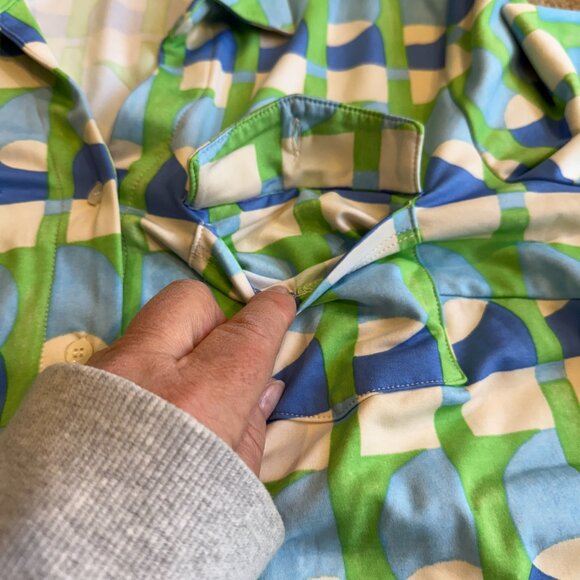 J McLaughlin Brynn Shirt Dress Lyford Jersey Preppy Geometric Print Aqua LARGE - Picture 11 of 16